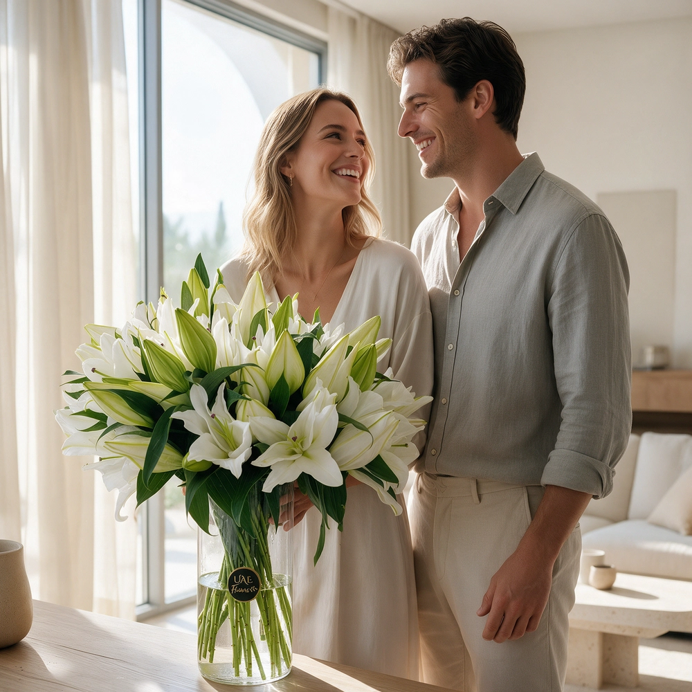 15 white lilies with green fillers in a glass vase