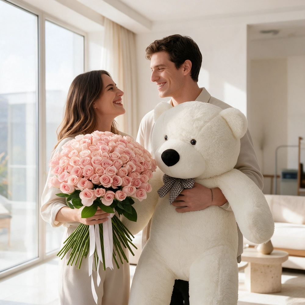 100 pink roses hand-tied with pink ribbons and a jumbo white teddy bear.