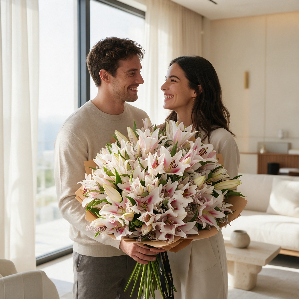 Bouquet of 30 pink lilies elegantly wrapped in premium paper and tied with ribbons – graceful and fragrant floral gift by UAE Flowers.