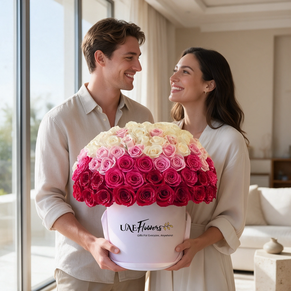 15 white roses, 15 red roses, 15 peach roses, and 15 pink roses are beautifully arranged in a round box