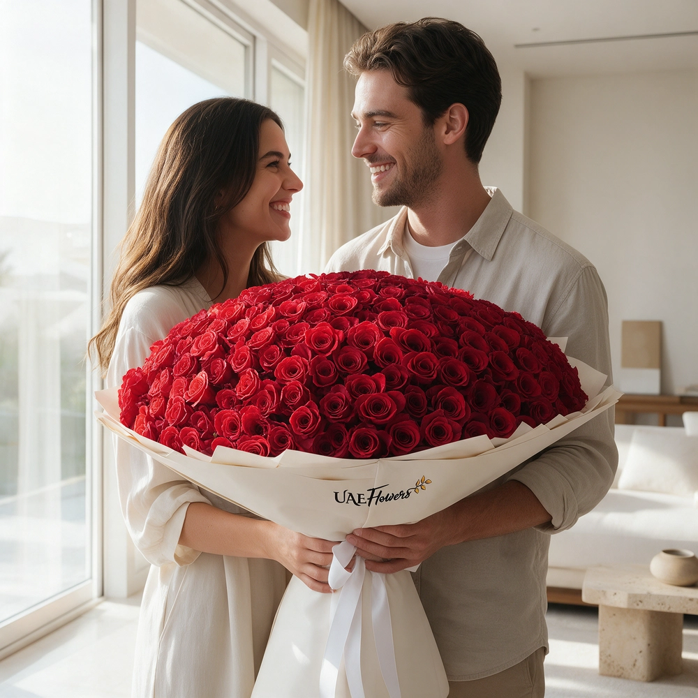 A bouquet of 365 red roses, wrapped in off-white paper and tied with a white ribbon