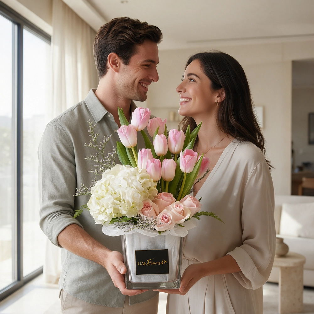 10 pink tulips, 6 pink roses & white hydrangea in a vase