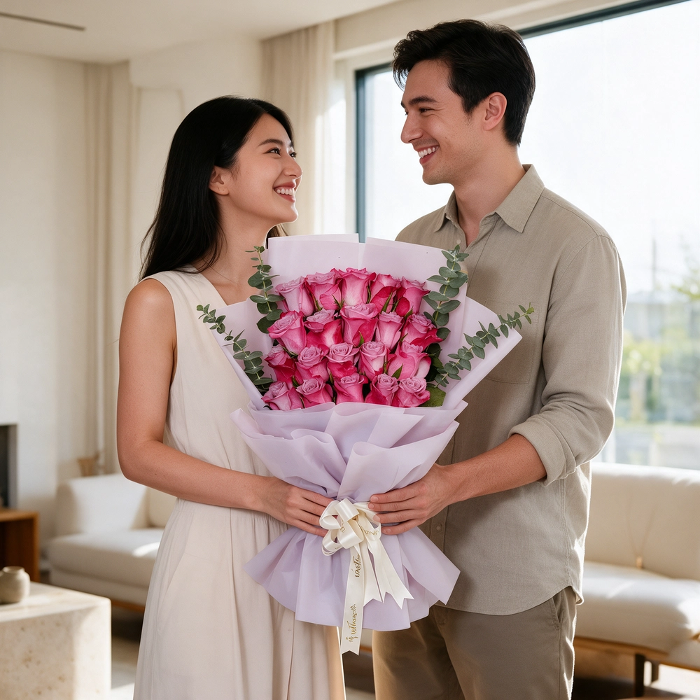 Bouquet of 20 purple roses with eucalyptus leaves, wrapped in pink paper and tied with a white satin ribbon, perfect for gifting and celebrations.