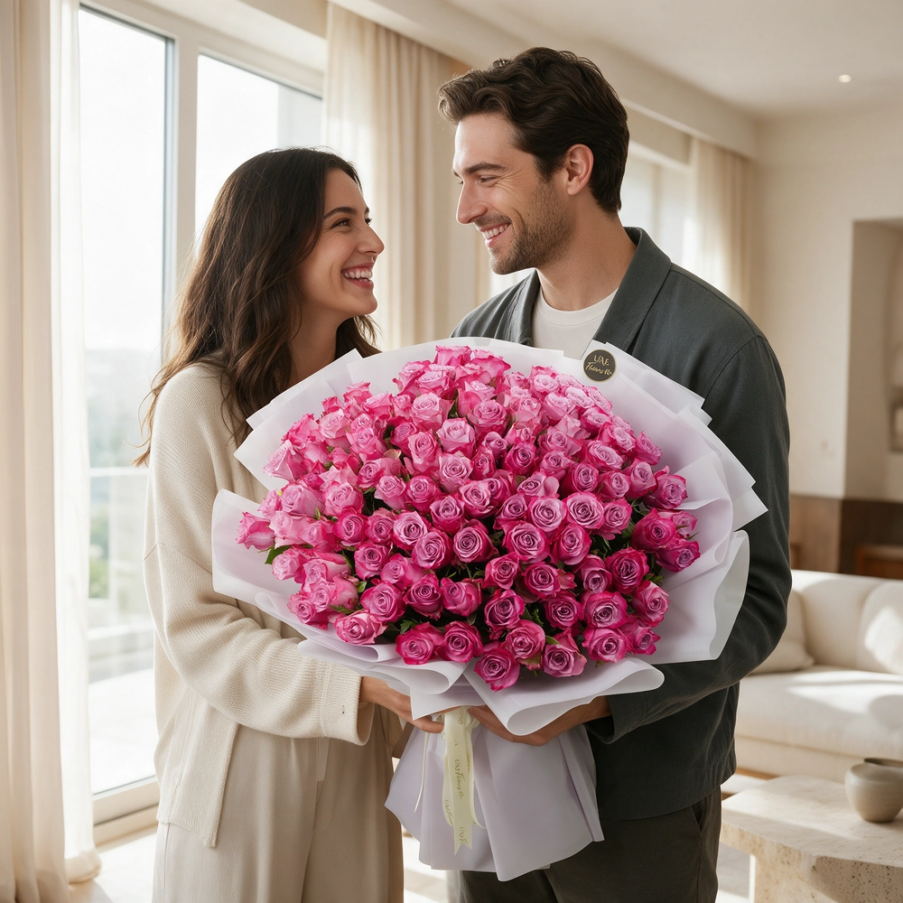 100 purple roses with fillers, wrapped in white paper and tied with ribbons