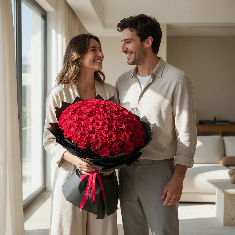 A romantic bouquet of 100 red roses in black wrapping paper tied with black ribbon