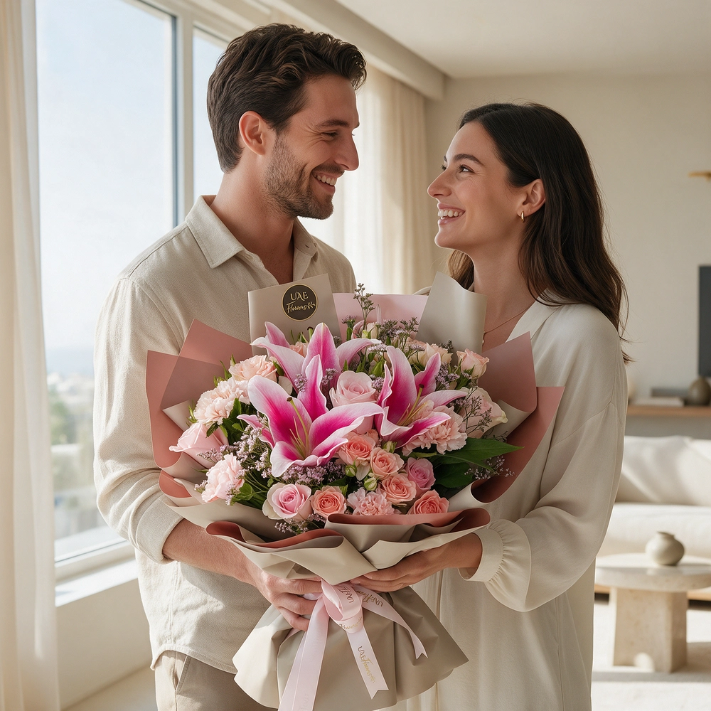 1 pink lily, 6 pink carnations, 6 pink roses, and 4 pink spray roses