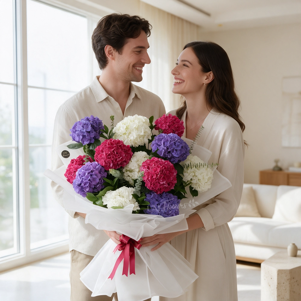 bouquet with red, white, and purple hydrangeas