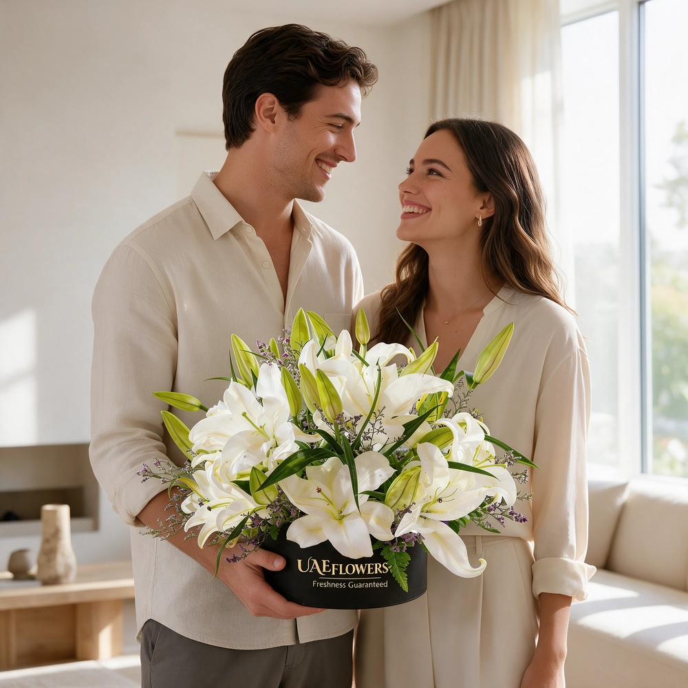 6 white lilies with limonium and green fillers in a black box