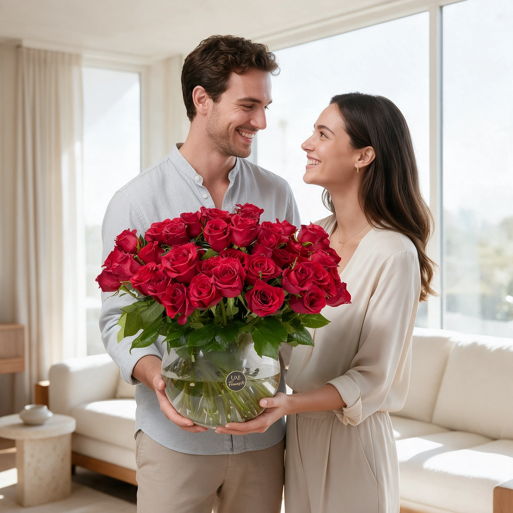 60 red roses arranged in a clear glass