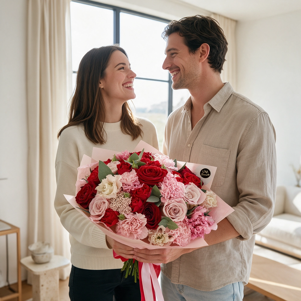 A bouquet containing 25 red and pink roses, 15 pink and white carnations with fillers, wrapped in pink paper, and tied with a red ribbon
