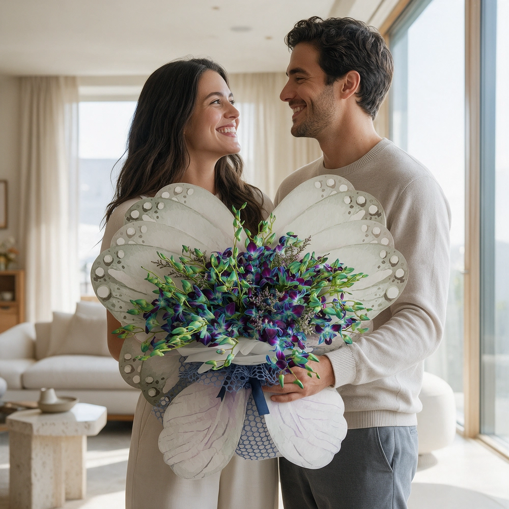 20 blue orchids with blue baby's breath
