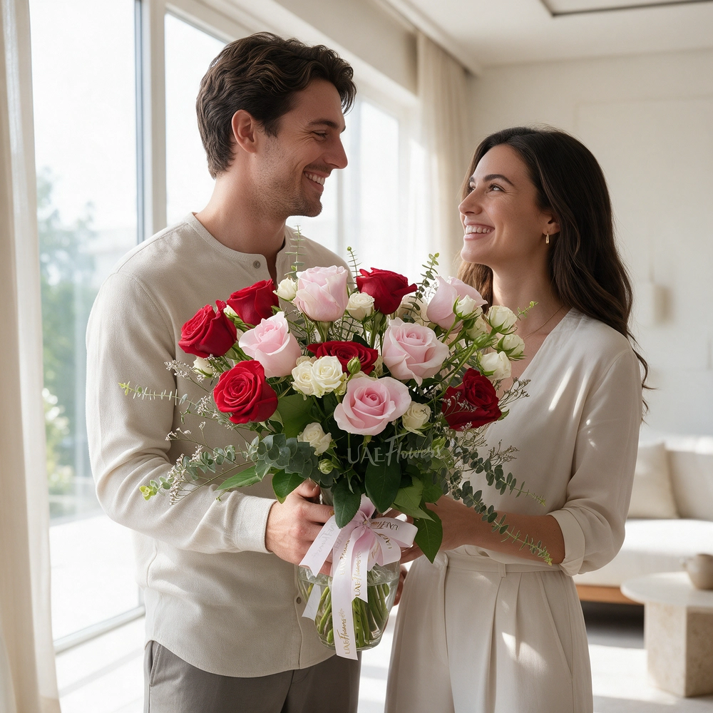 red and pink roses,  white spray roses