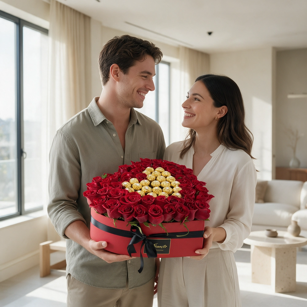 A heart shaped arrangement of 50 red roses & 24 pieces of ferrero rocher in a red box tied with black ribbon