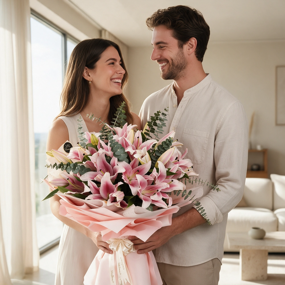 A bouquet of 10 pink lilies with eucalyptus leaves and green fillers in pink wrapping paper tied with pink ribbon