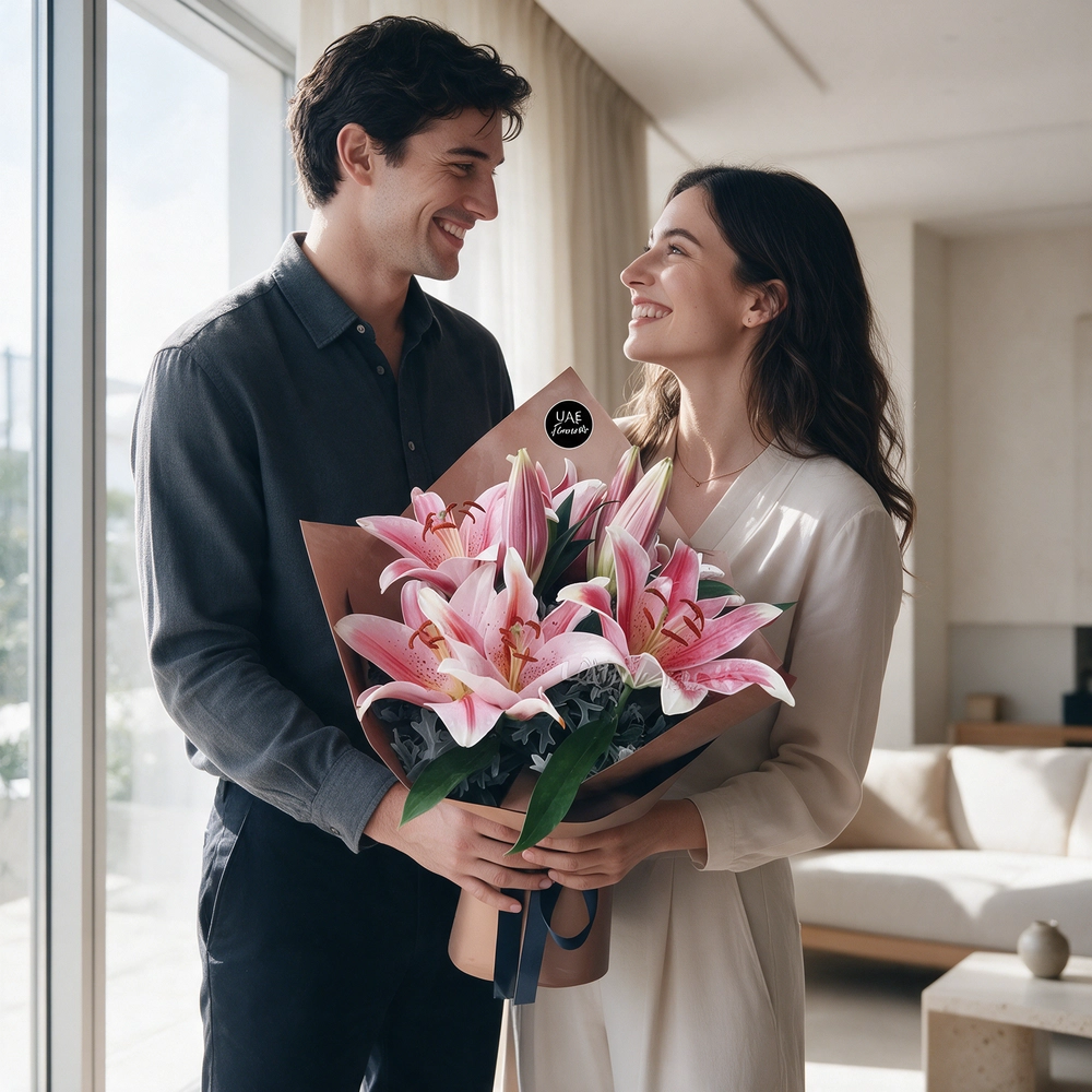 Adorned with bright pink lilies and luscious foliage in a brown wrapping paper tied with blue ribbon