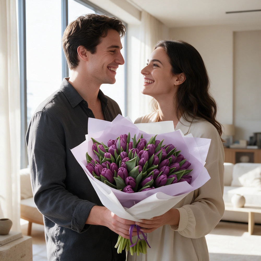 bouquet of 40 purple tulips arranged with basic green fillers