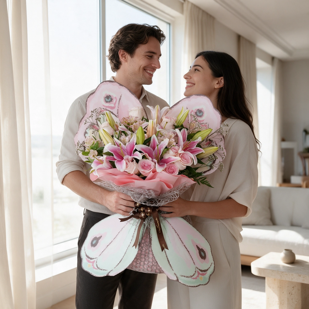 butterfly-shaped bouquet of 3 pink lilies, 10 pink roses, and 3 pink alstroemerias