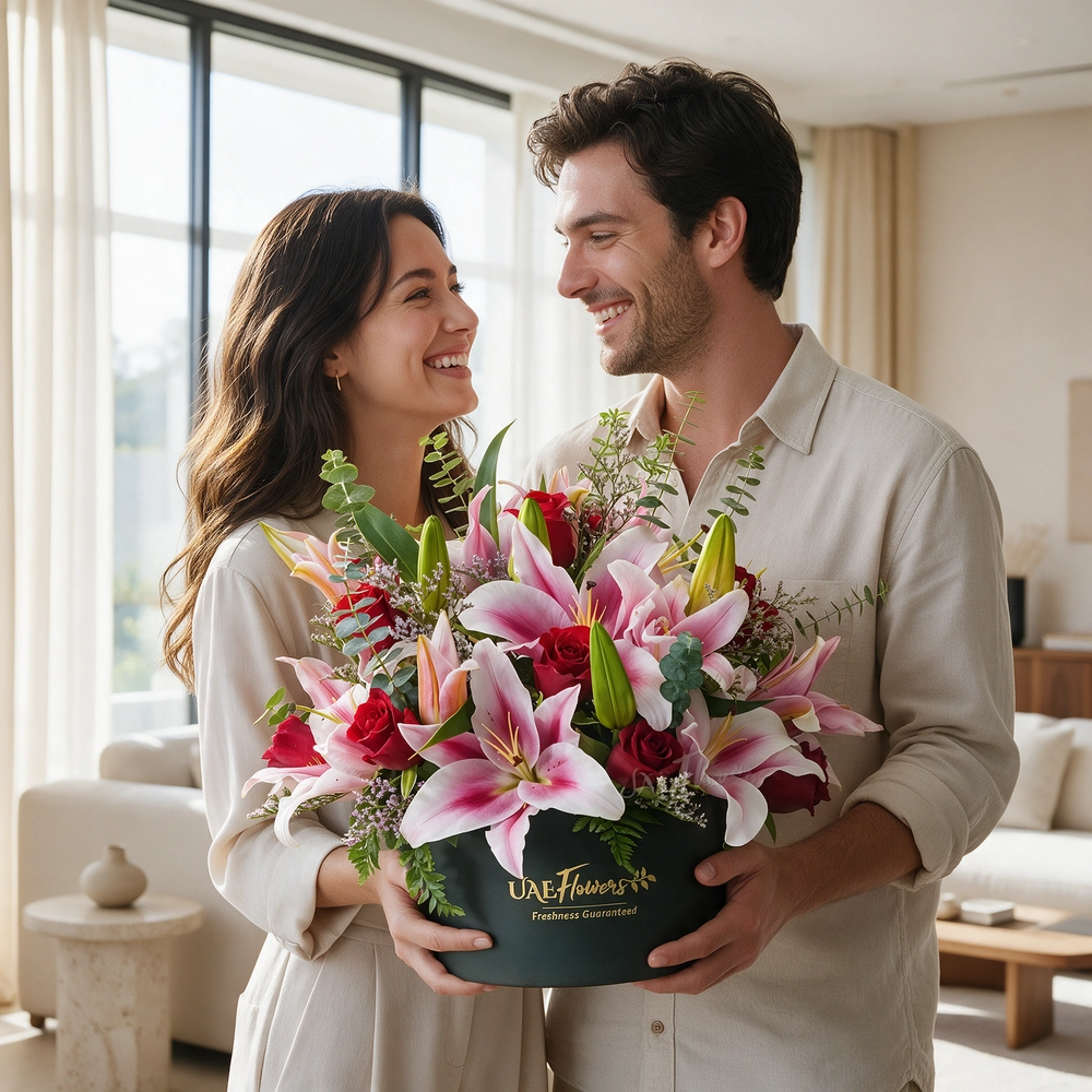 5 pink lilies and 12 red roses with eucalyptus leaf and limonium fillers in a black round box