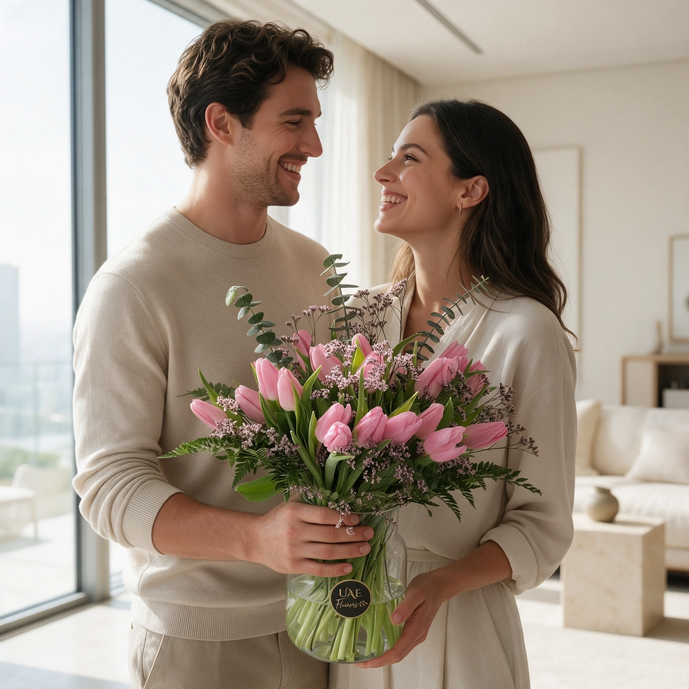 30 pink tulips with fillers in a glass vase