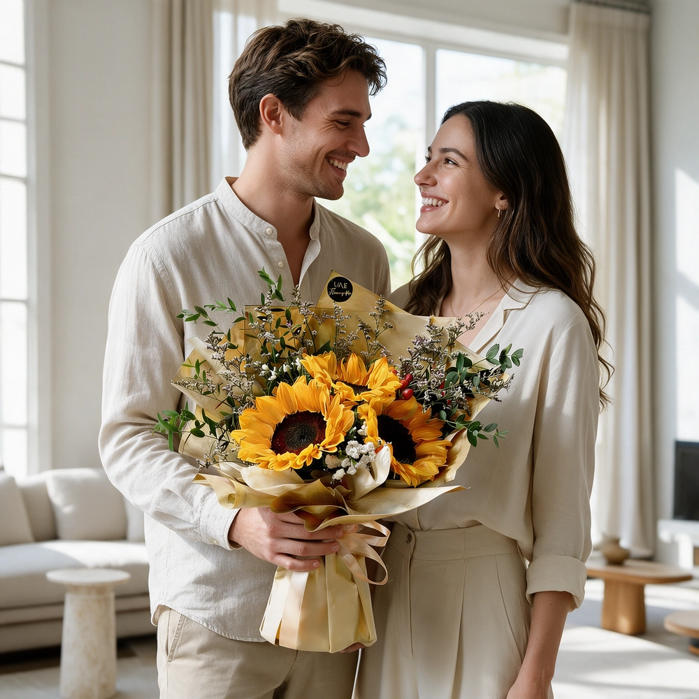A bouquet of 3 sunflowers with fillers in brown wrapping paper tied with brown ribbon