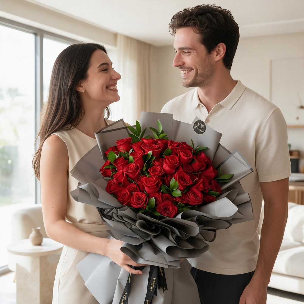 A bouquet of 40 red roses in white wrapping paper and tied with a red ribbon