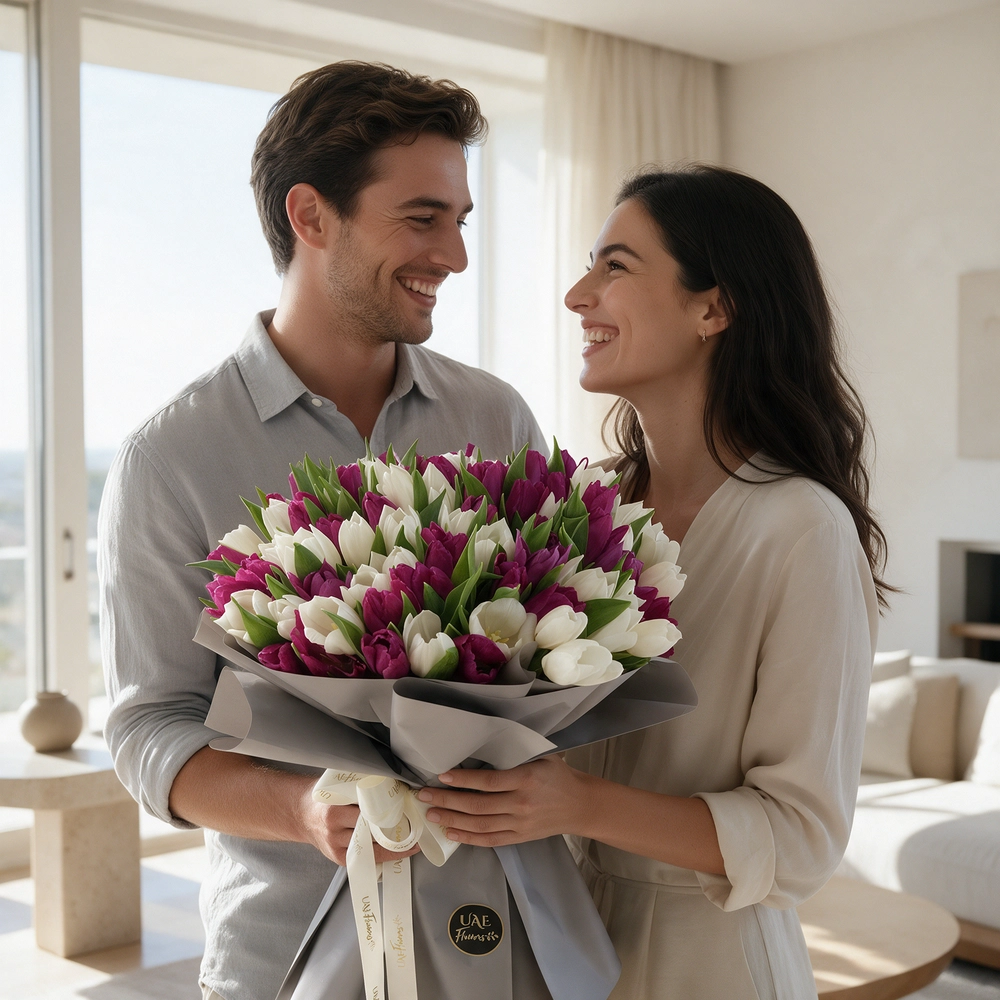 bouquet of 40 white and 40 purple tulips arranged in grey paper wrap