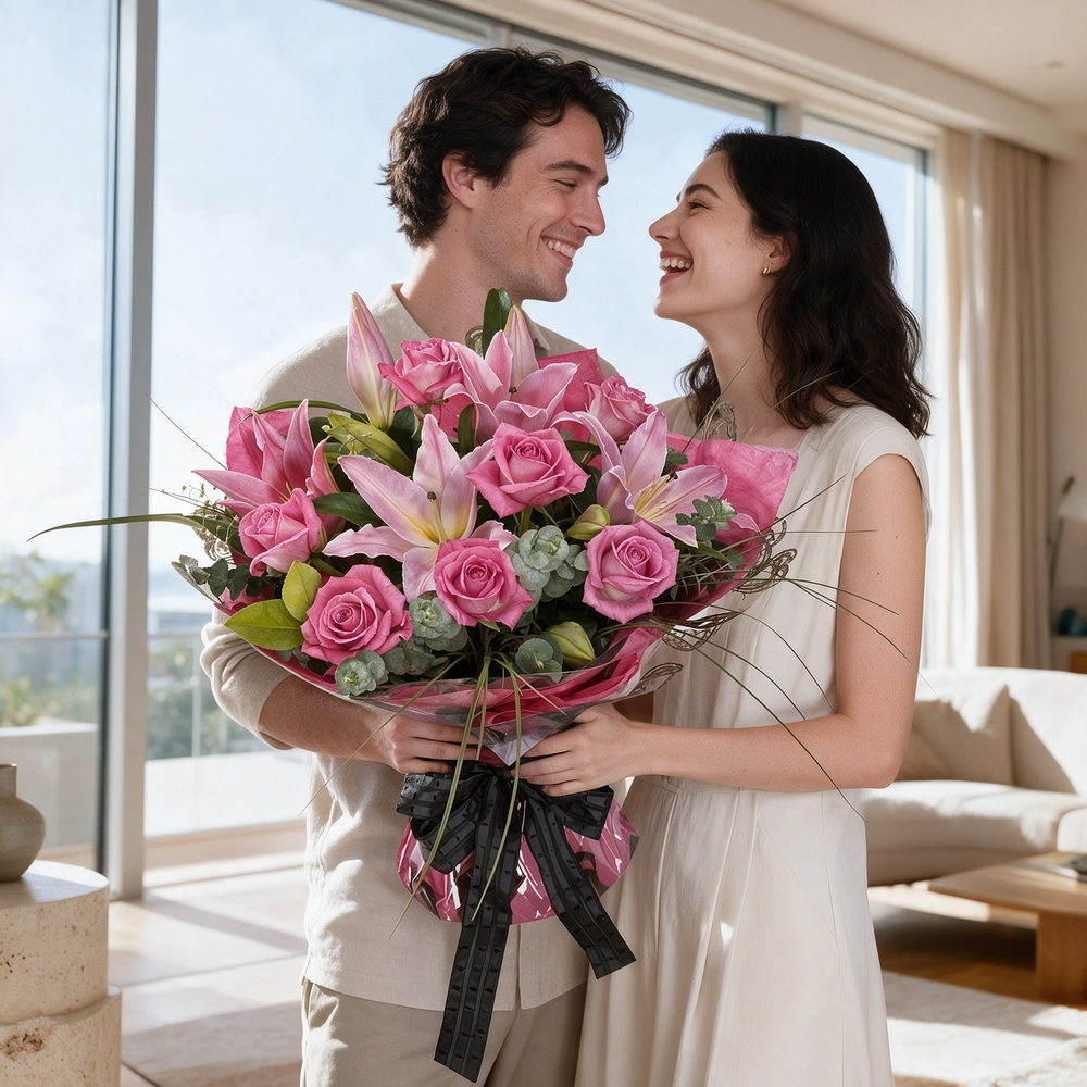 A bouquet of 2 pink lilies and 8 pink roses with greens in pink wrapping paper and tied with a black ribbon
