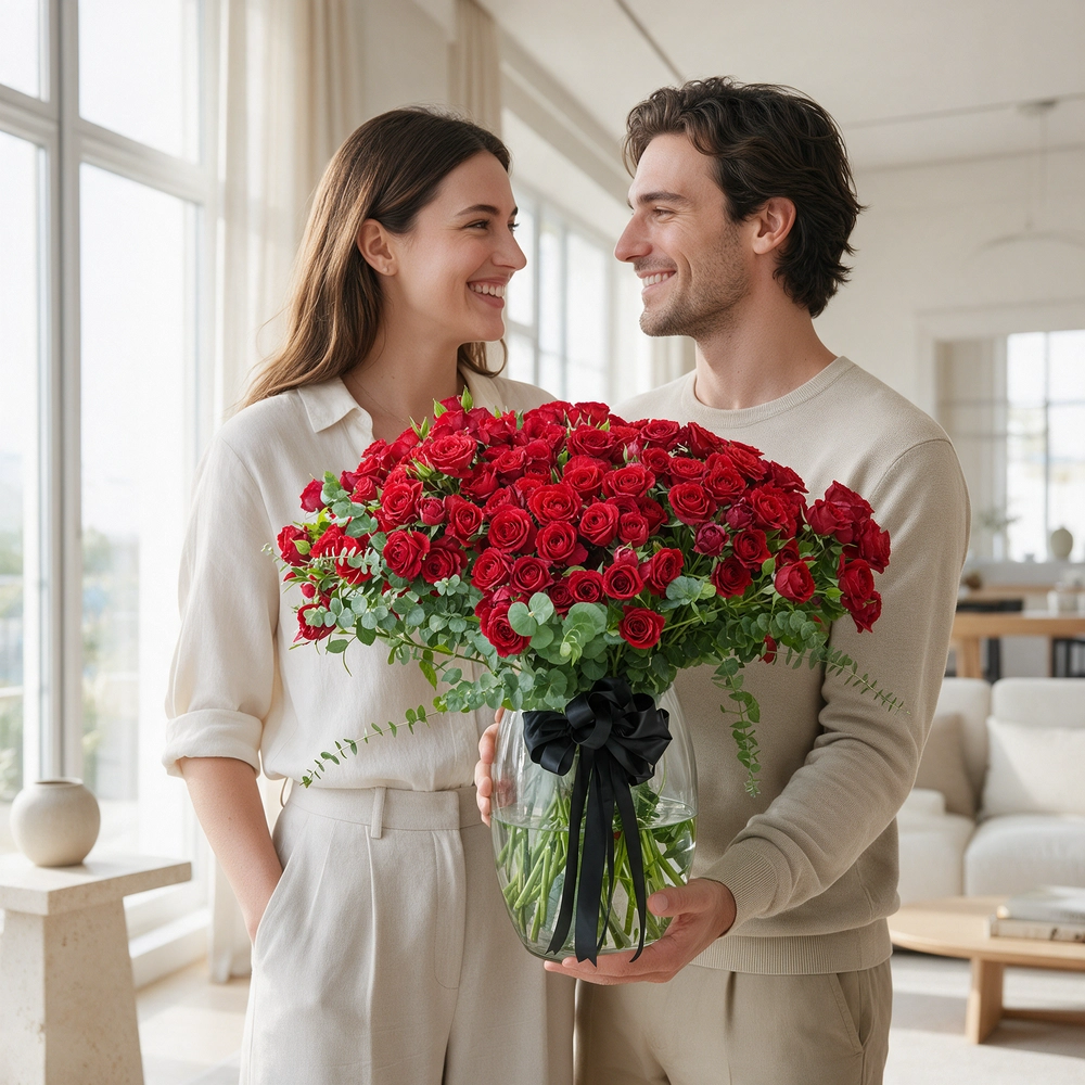 40 red spray roses with eucalyptus in a glass vase.