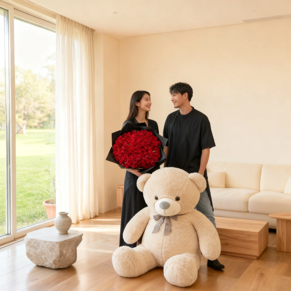 bouquet of 100 red roses in black paper wrap with ribbons and a brown jumbo teddy bear