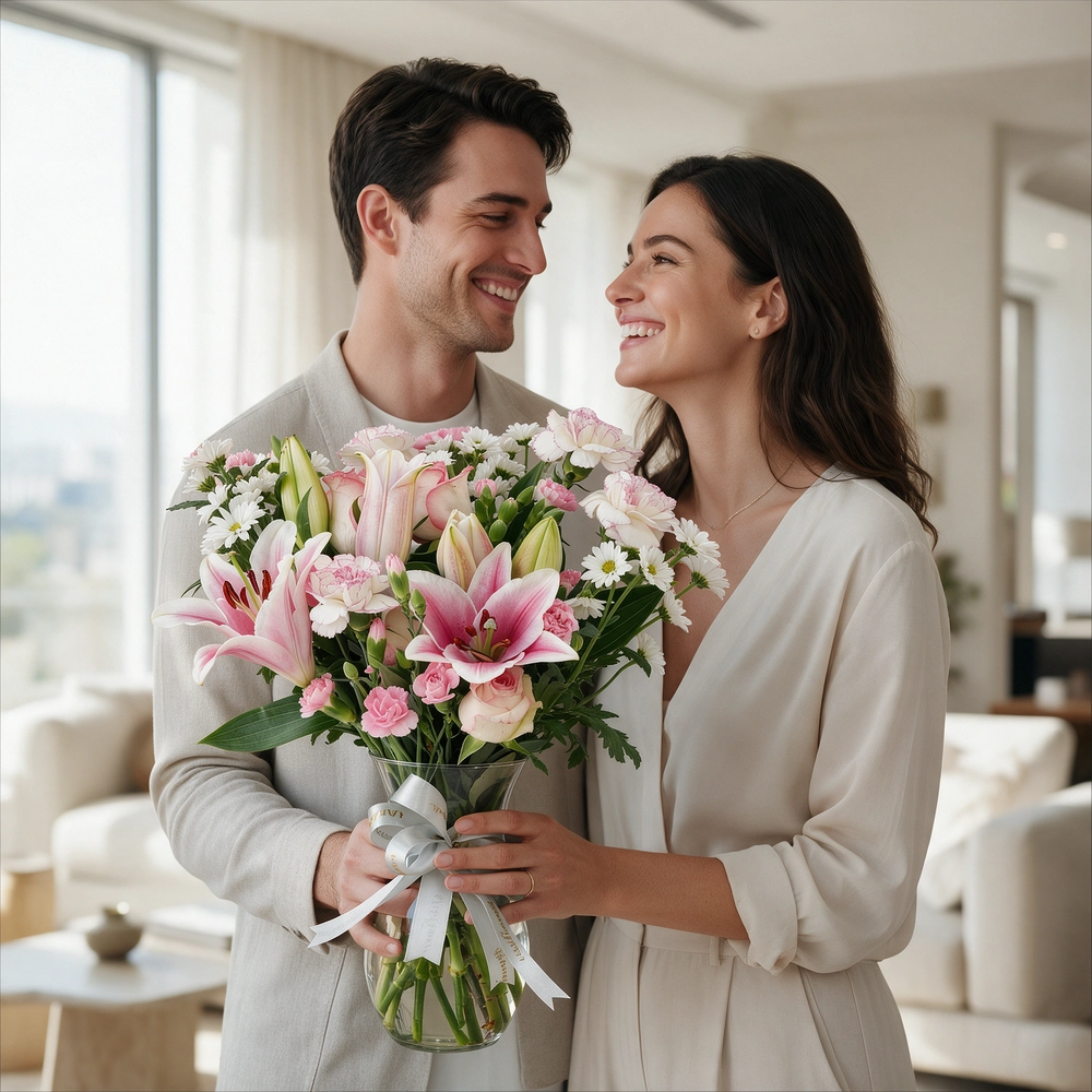6 pink roses, 6 pink carnations, 2 pink lilies and 4 pink spray carnations with green fillers in a glass vase.