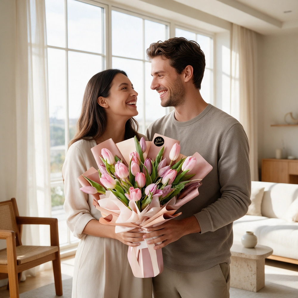 A bouquet of 20 pink tulips in pink wrapping paper tied with pink ribbon