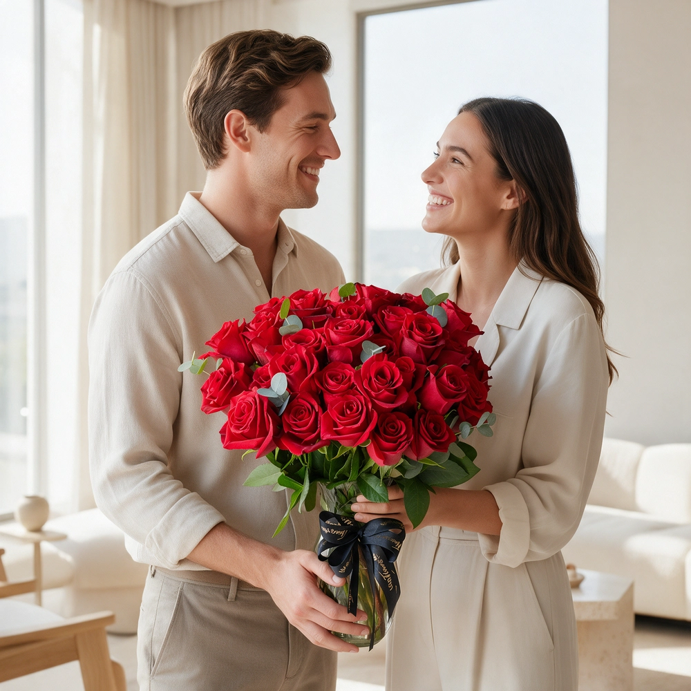 Glass vase arrangement with 30 red roses and green fillers, perfect for expressing love, admiration, or gifting on special occasions.