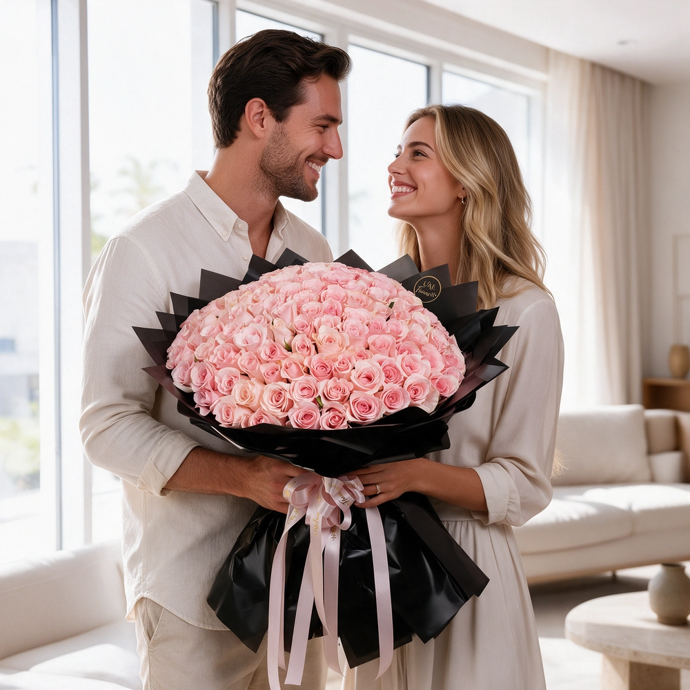 A 100-pink rose bouquet wrapped in black paper and tied with a white ribbon