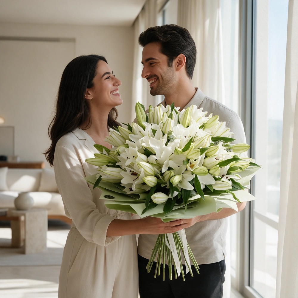 bouquet of 20 white lilies with green fillers wrapped in pastel green paper