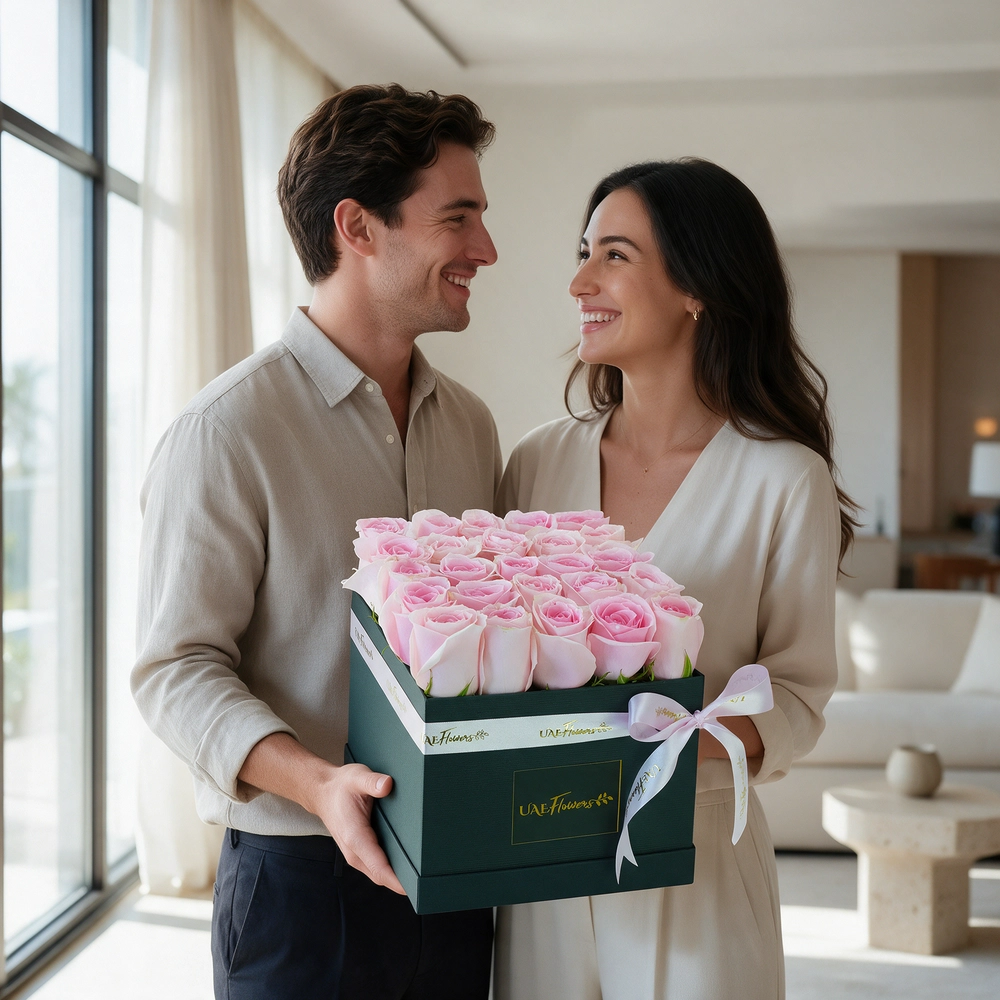 25 pink roses arranged in a square box