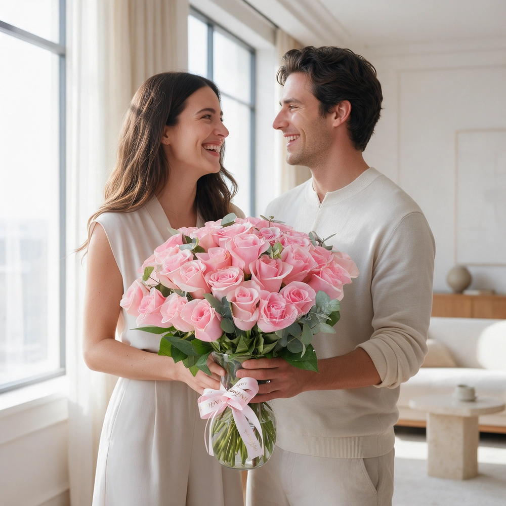 30 pink roses in glass vase arrangement