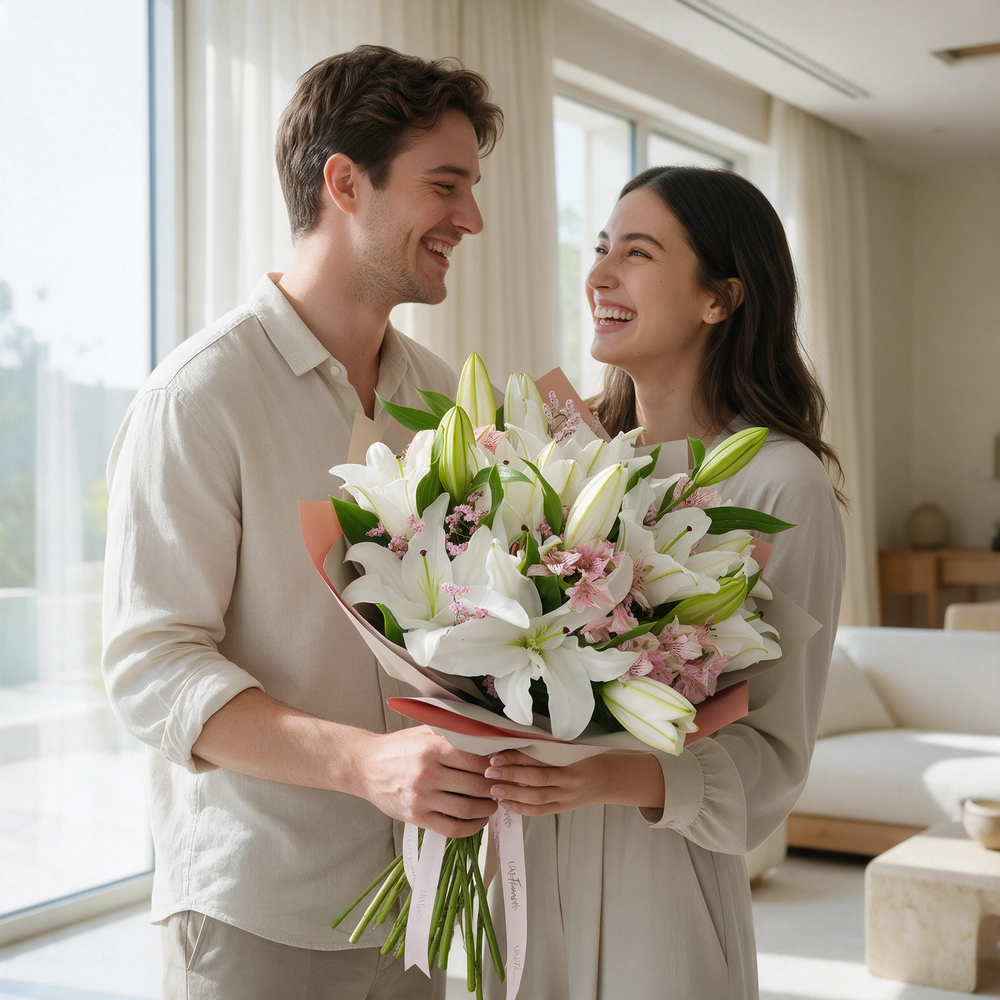 white lilies and white alstroemeria