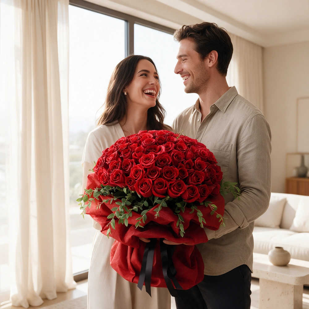 A large bouquet featuring 40 vibrant red roses paired with delicate gypsophila (baby's breath) elegantly wrapped in cream-colored paper and tied with a bold red ribbon, sitting on a table in a modern
