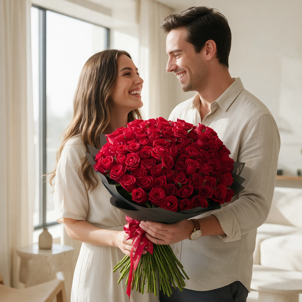 100 premium red roses hand-tied with green fillers and wrapped in black paper with satin ribbon