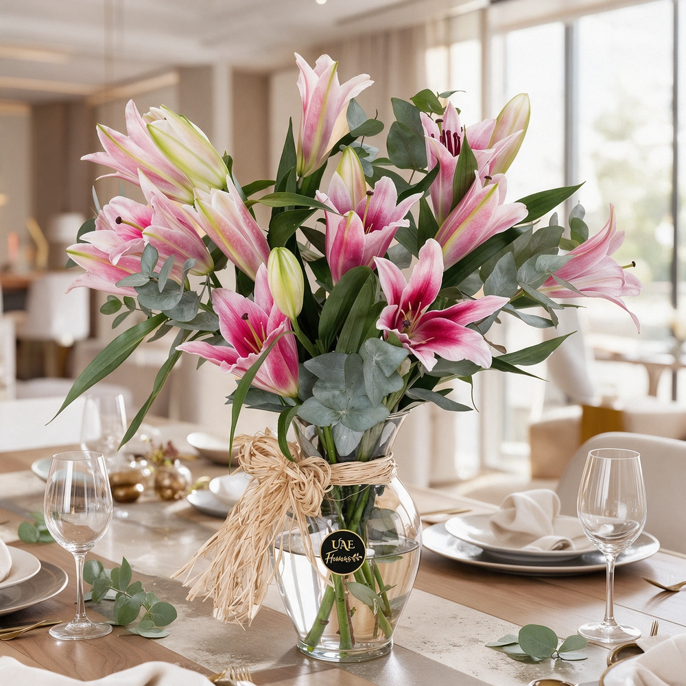 5 pink lilies with fillers in a glass vase