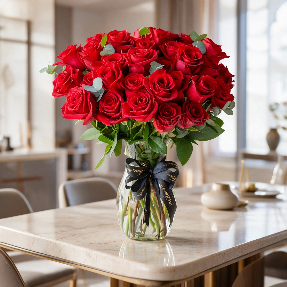 Glass vase arrangement with 30 red roses and green fillers, perfect for expressing love, admiration, or gifting on special occasions.