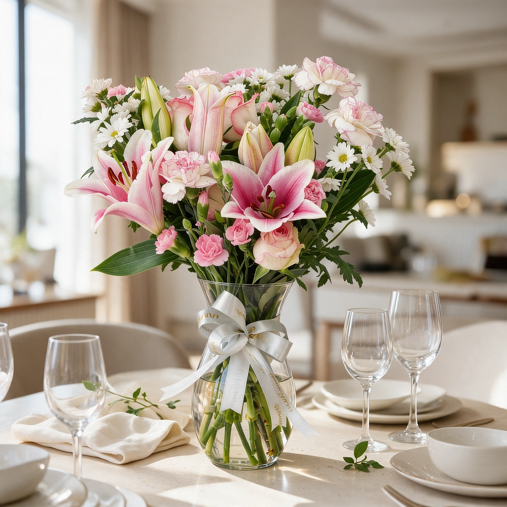 6 pink roses, 6 pink carnations, 2 pink lilies and 4 pink spray carnations with green fillers in a glass vase.