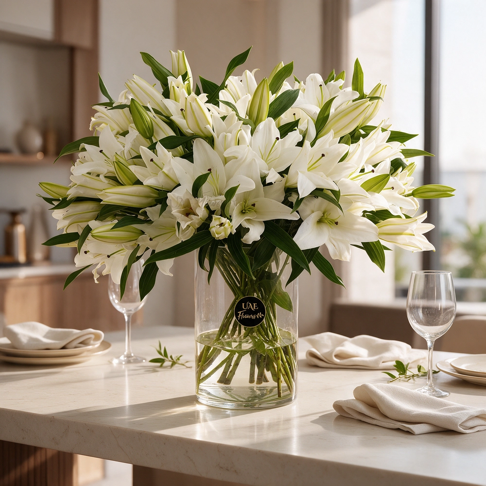 Glass vase with 20 white lilies elegantly arranged, perfect as a centerpiece or gift for weddings, anniversaries, or special occasions.