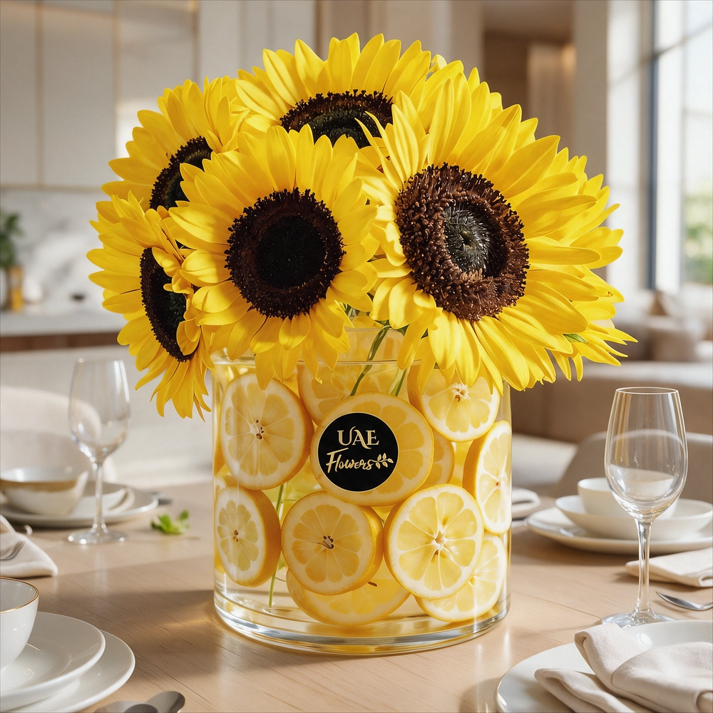 10 sunflowers & yellow lemons filled in a vase