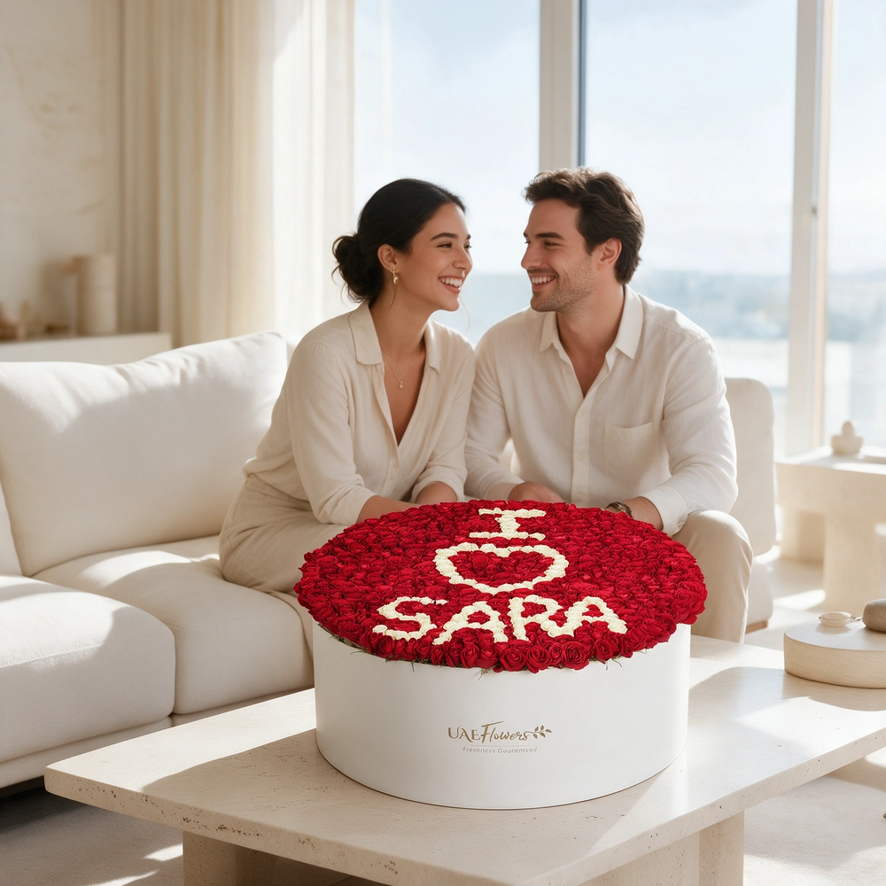 large flower box featuring 500 red rose buds and spray roses