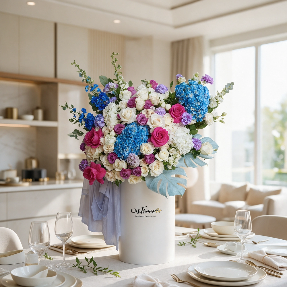 An arrangement of blue hydrangeas, white hydrangeas, purple roses, white roses, purple lisianthus, white spray roses, blue delphinium, fushia roses with green fillers and blue net in a tall round box.