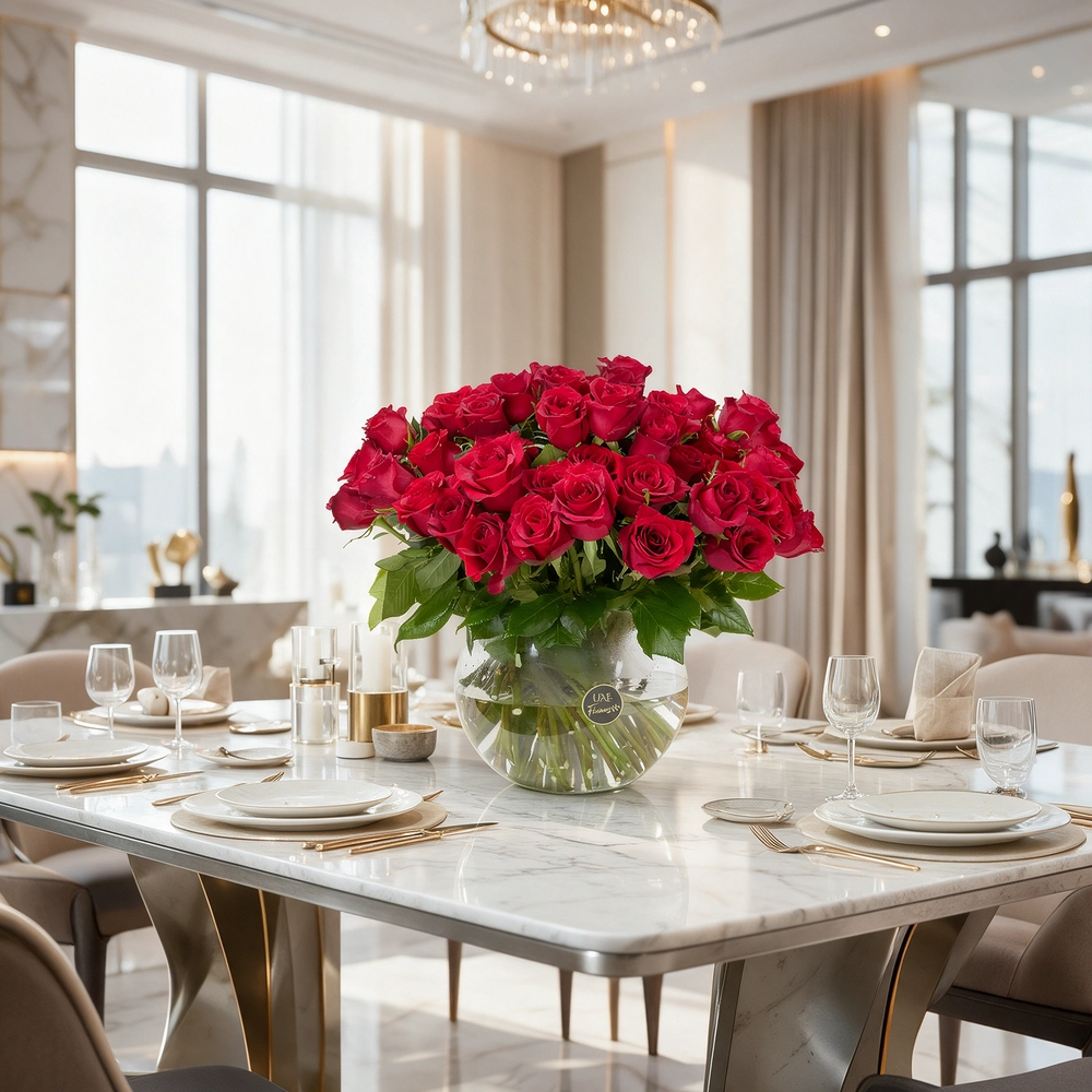 60 red roses arranged in a clear glass
