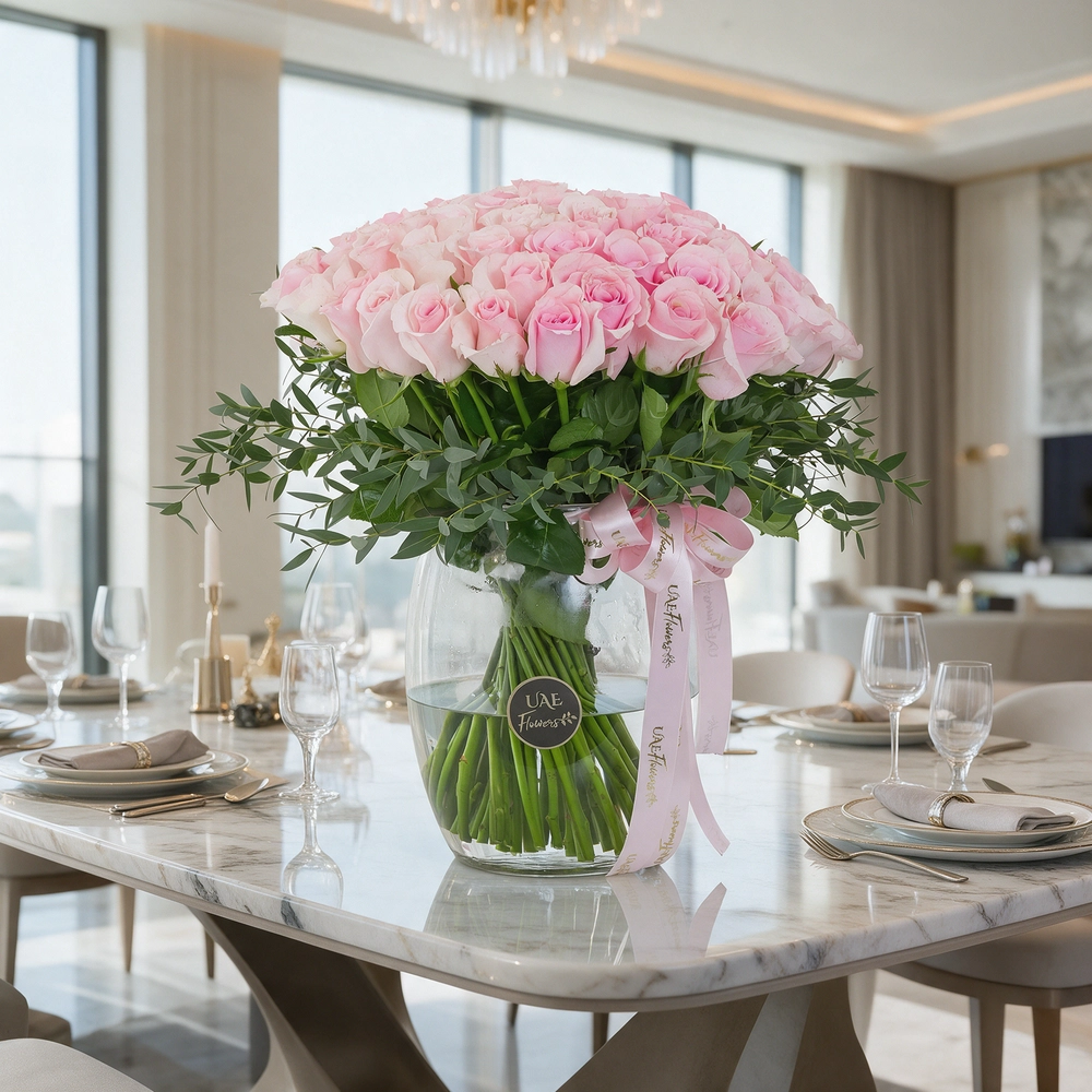 Glass vase arrangement with 40 pink roses and green fillers, tied with pink ribbons, perfect for birthdays, anniversaries, or expressing love and admiration.