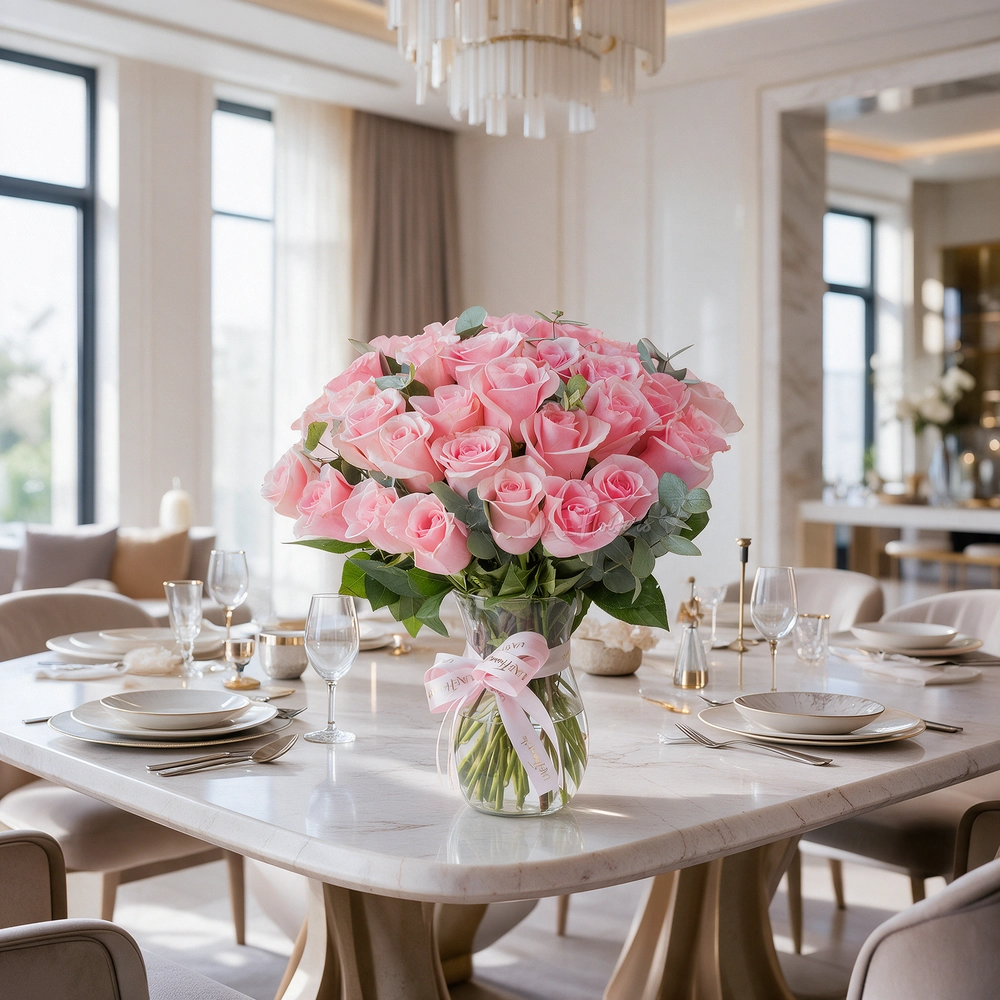 30 pink roses in glass vase arrangement
