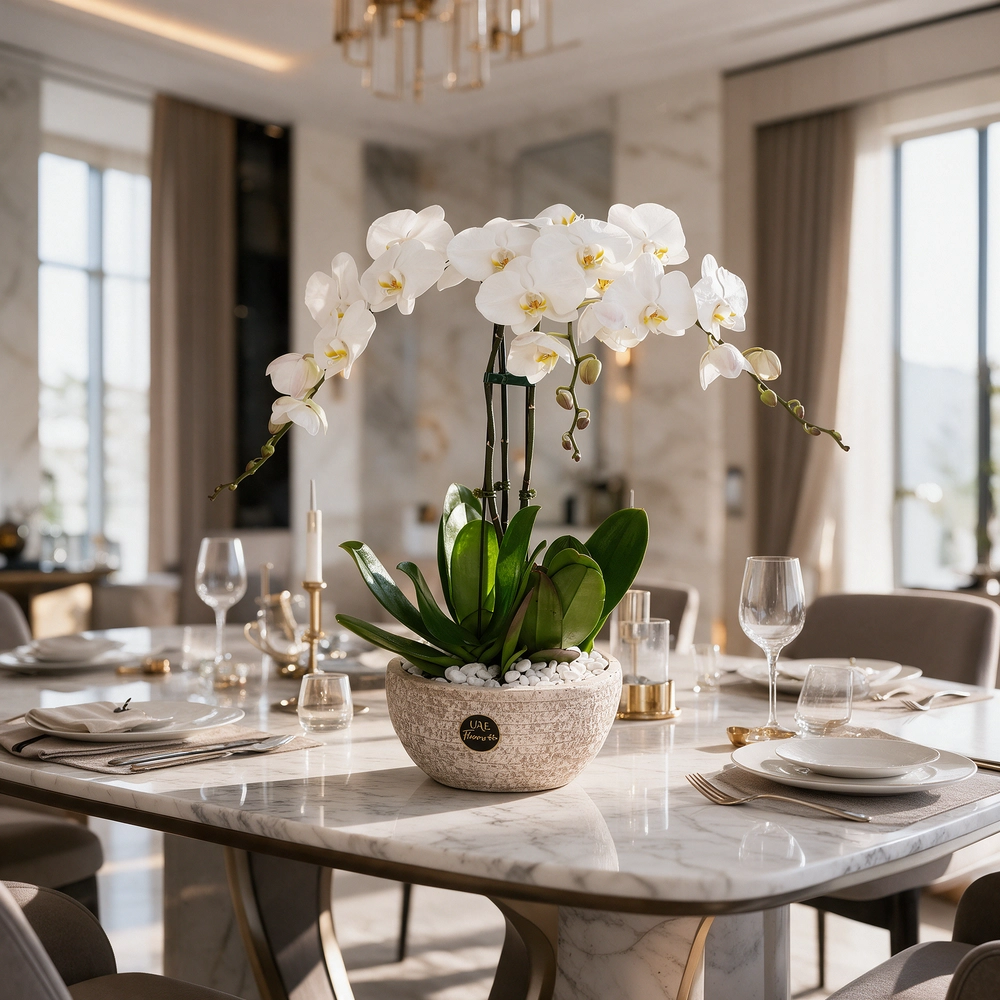 3 white phalaenopsis orchids in a white pot